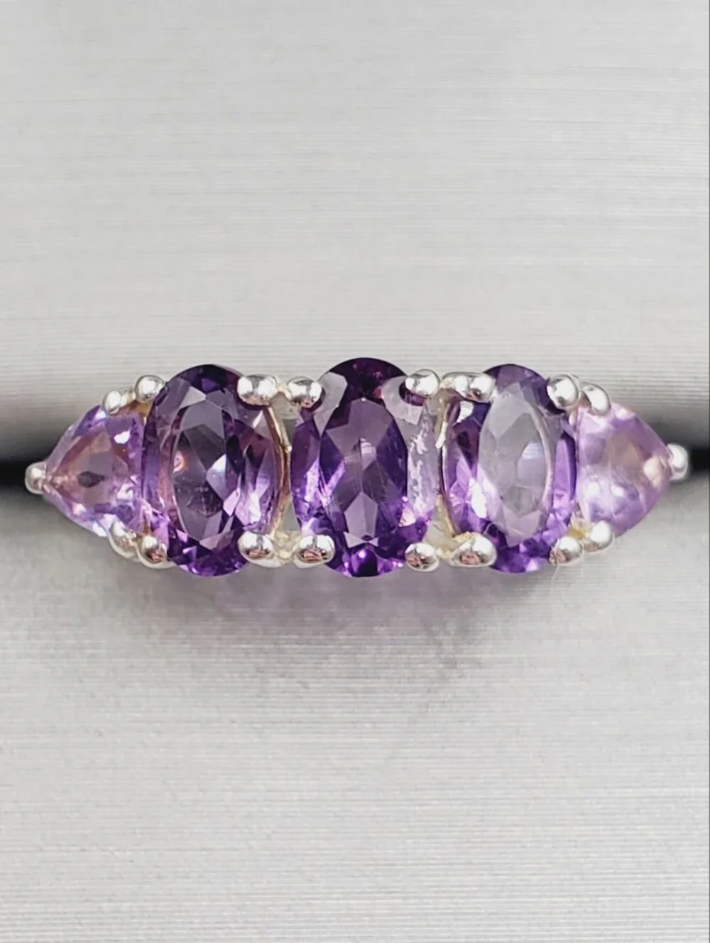 Oval & Trillion Genuine Purple Amethyst Five Stone Ring In 925 Sterling Silver